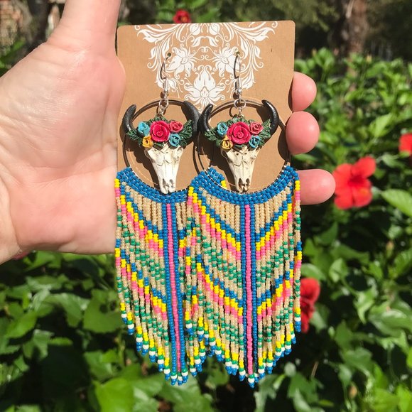 Native Bead Earrings Western Cow Skull Southwest Long Fringe Seed Bead Dangles - Picture 6 of 6